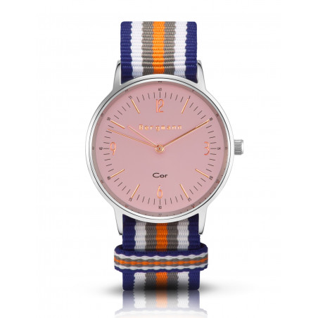 Bergmann Damen Herren Armbanduhr Cor silber Colorido Analog Quarz rosafarbenes Zifferblatt blau-weiß-grau-orange-NATO-Armband