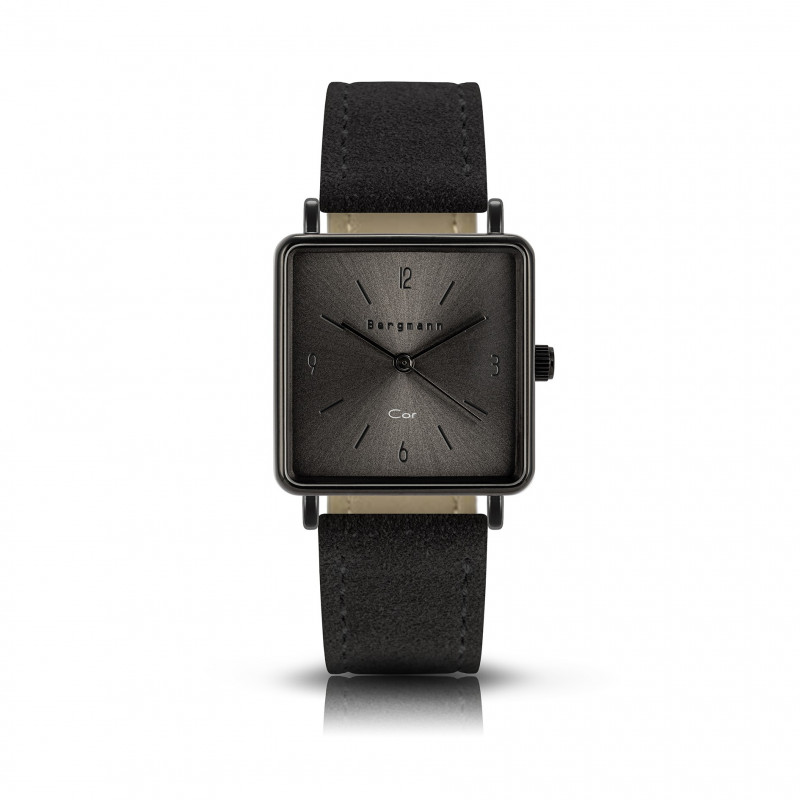 Bergmann Armbanduhr Cor Quadro schwarz analog Quarz quadratisch schwarzes Zifferblatt schwarzes Wildlederarmband