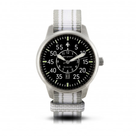 Bergmann-Uhr Pilot 02 grau-weißes NATO-Textilarmband