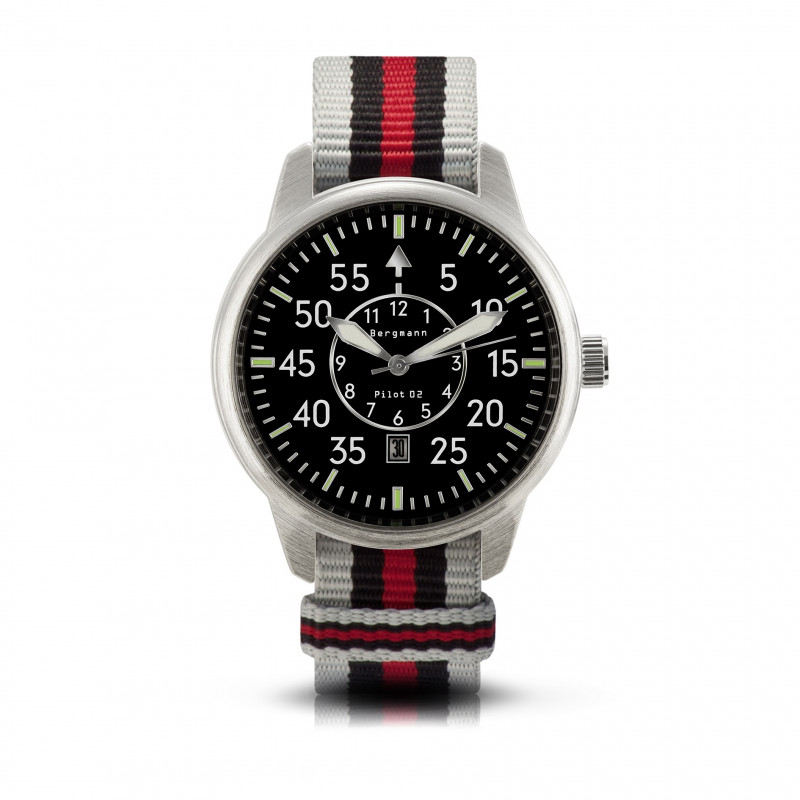 Bergmann-Uhr Pilot 02 grau-schwarz-rot NATO-Textilarmband