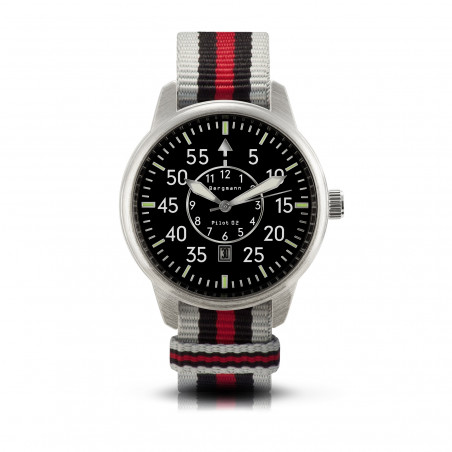 Bergmann-Uhr Pilot 02 grau-schwarz-rot NATO-Textilarmband