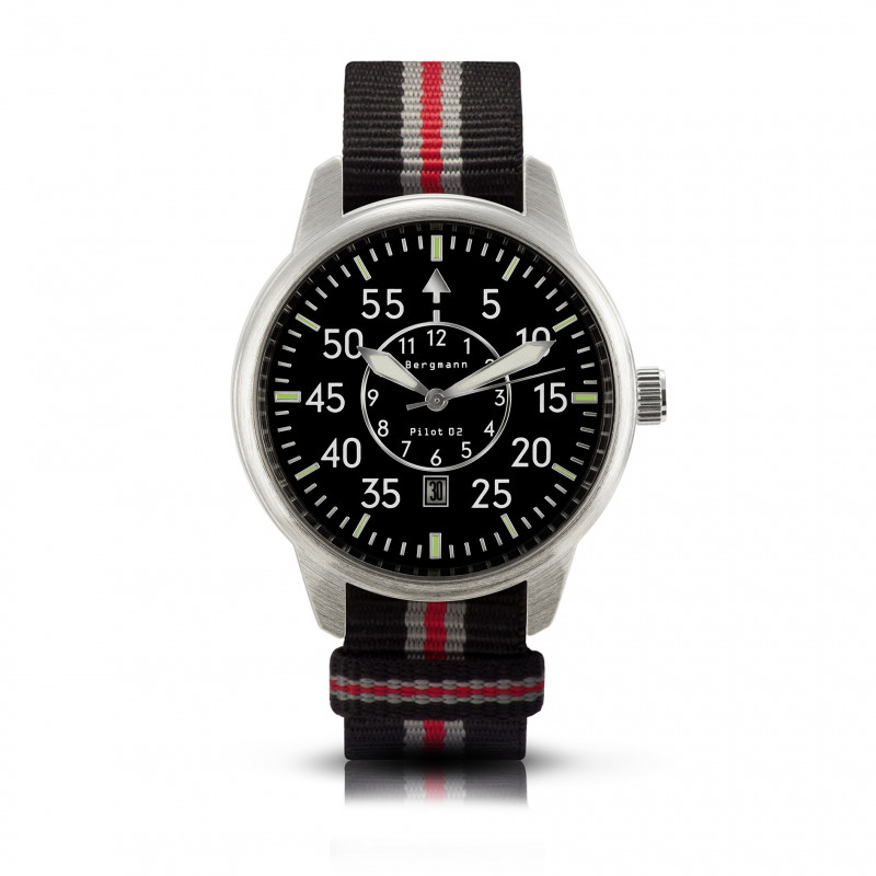 Bergmann-Uhr Pilot 02 schwarz-grau-rot NATO-Textilarmband