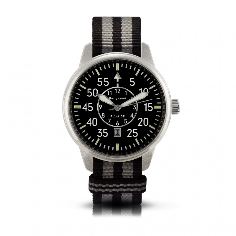 Bergmann-watch pilot 02 black-grey-black nato textile strap