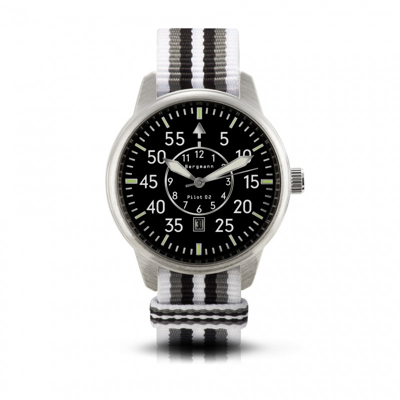 Bergmann-Uhr Pilot 02 weiß-grau-schwarz NATO-Textilarmband