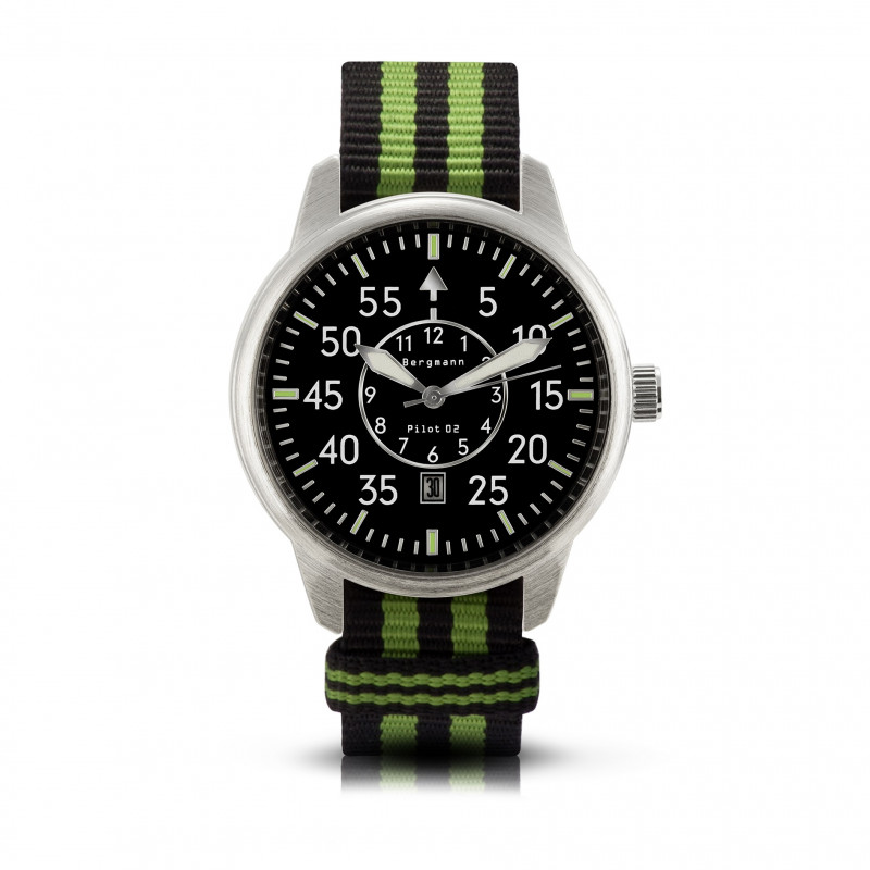 Bergmann-Uhr Pilot 02 schwarz-grün NATO-Textilarmband