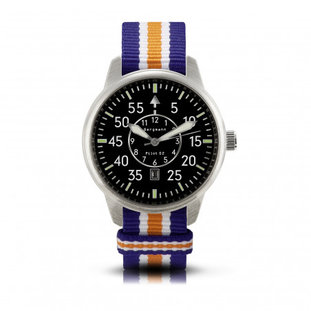 Bergmann-Uhr Pilot 02 blau-weiß-orange NATO-Textilarmband
