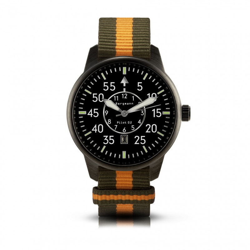 Bergmann-watch pilot 02 black, oliv-orange nato textile strap