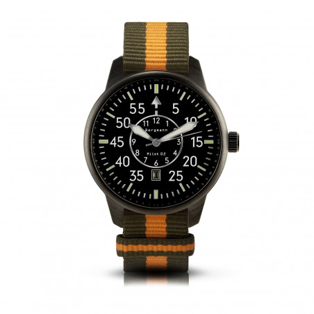 Bergmann-Uhr Pilot 02 schwarz oliv-orange NATO-Textilarmband