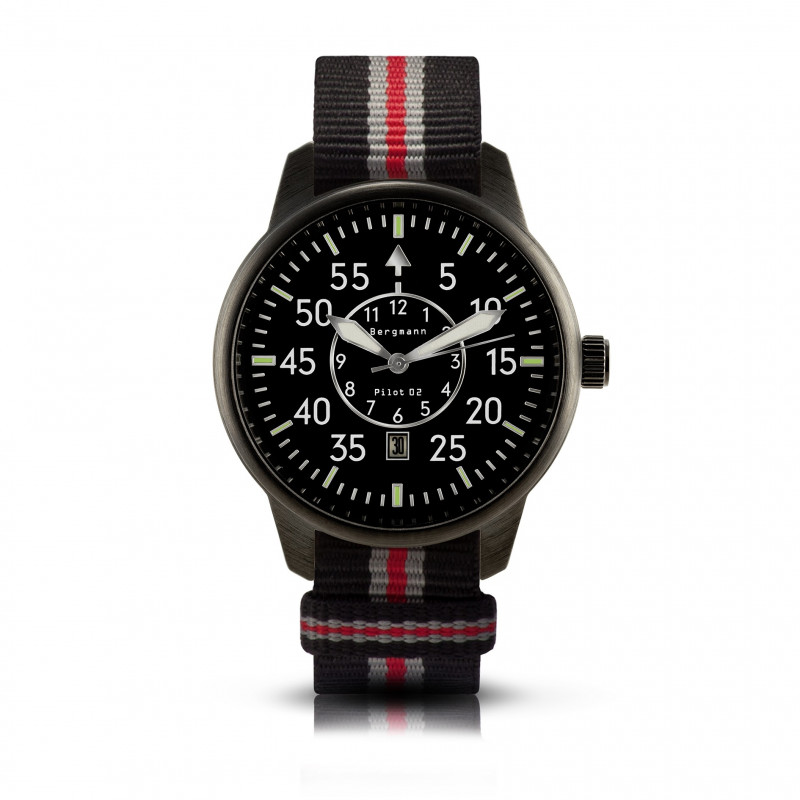 Bergmann-watch pilot 02 black, black-grey-red nato textile strap