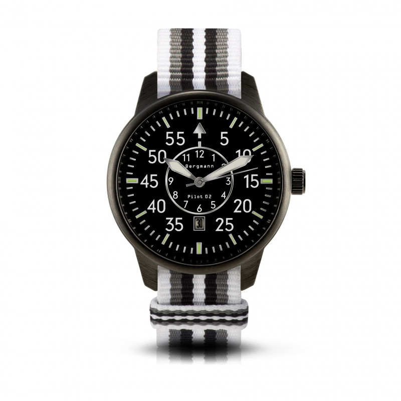 Bergmann-watch pilot 02 black, white-grey-black-white nato textile strap