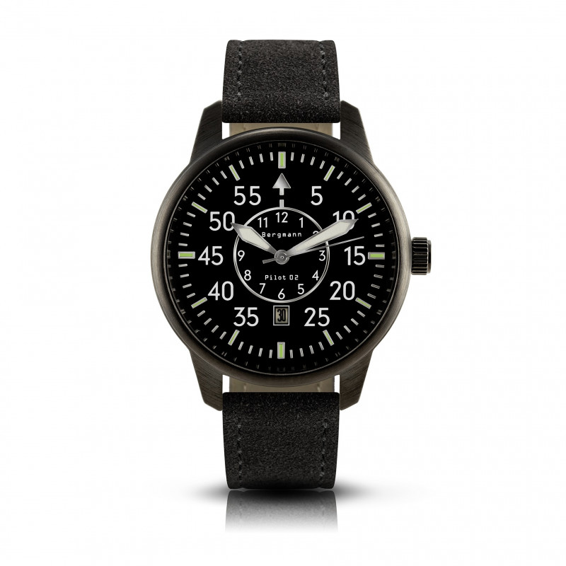 Bergmann-watch pilot 02 black, black suede strap