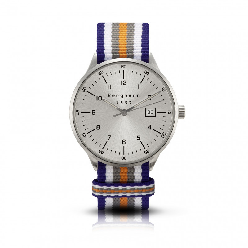 Bergmann-watch 1957, blue-white-grey-orange NATO-textile strap