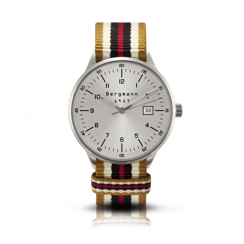 Bergmann-watch 1957, gold-white-black-red NATO-textile strap