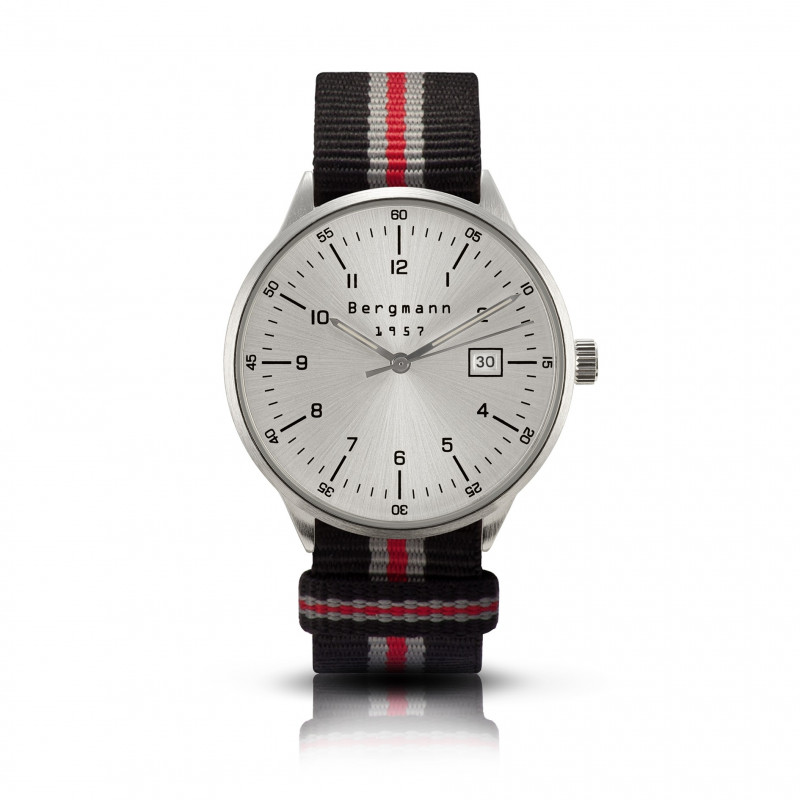 Bergmann Uhr 1957 schwarz-grau-rot NATO-Textilarmband