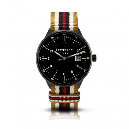 Bergmann-watch 1956 black, gold-white-black-red Nato-textile strap