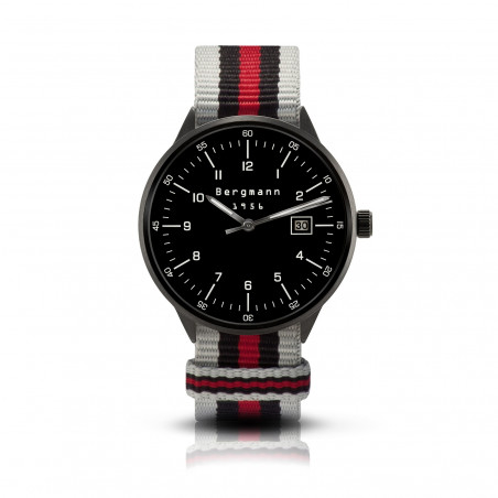 Bergmann-watch 1956 black, grey-black-red Nato-textile strap