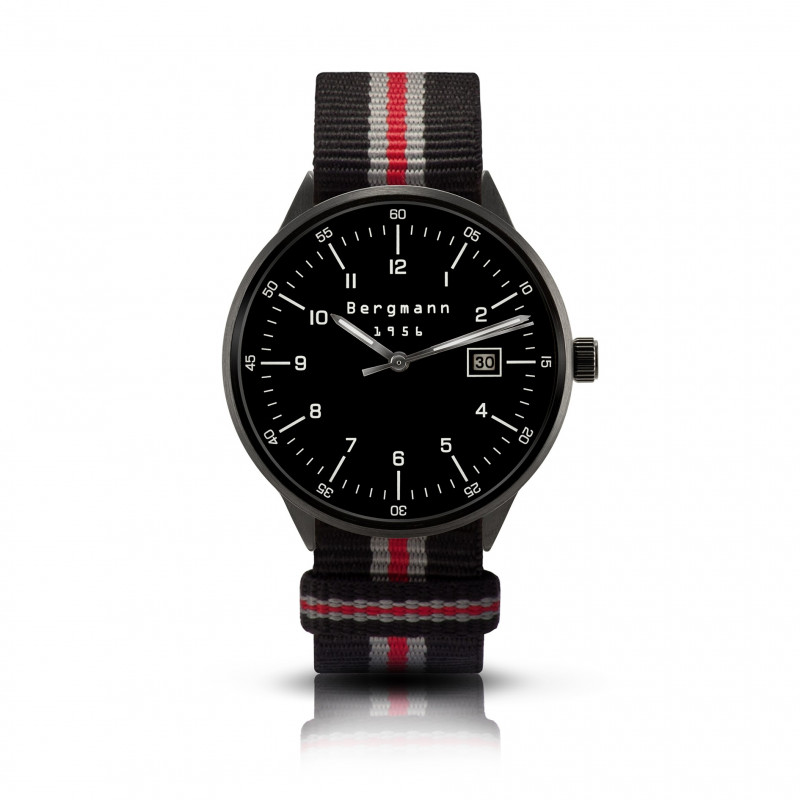 Bergmann Uhr 1956 Schwarz schwarz-grau-rot NATO-Textilarmband