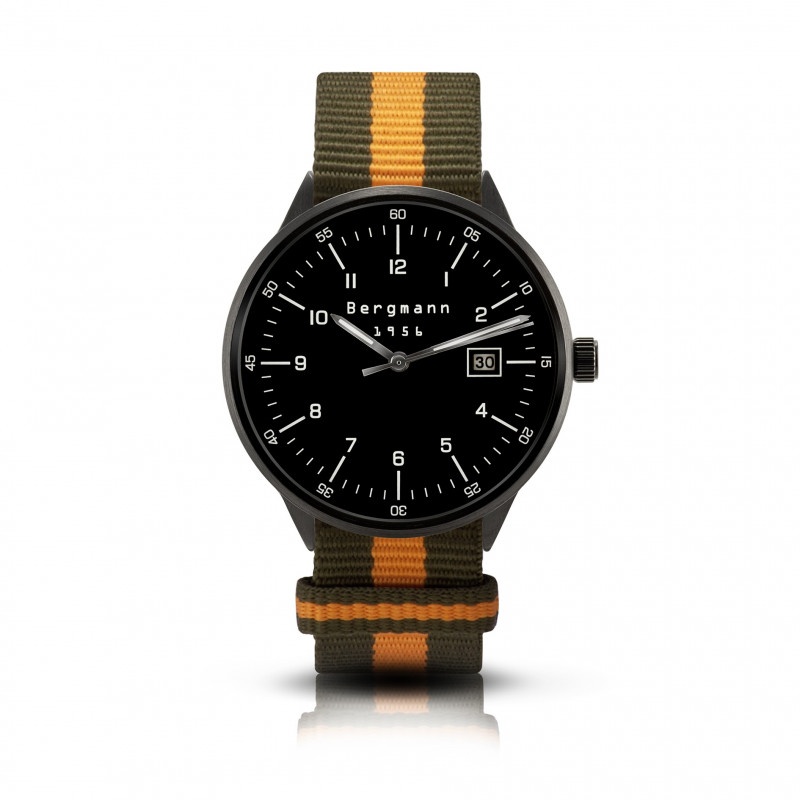Bergmann Uhr 1956 Schwarz oliv-orange NATO-Textilarmband