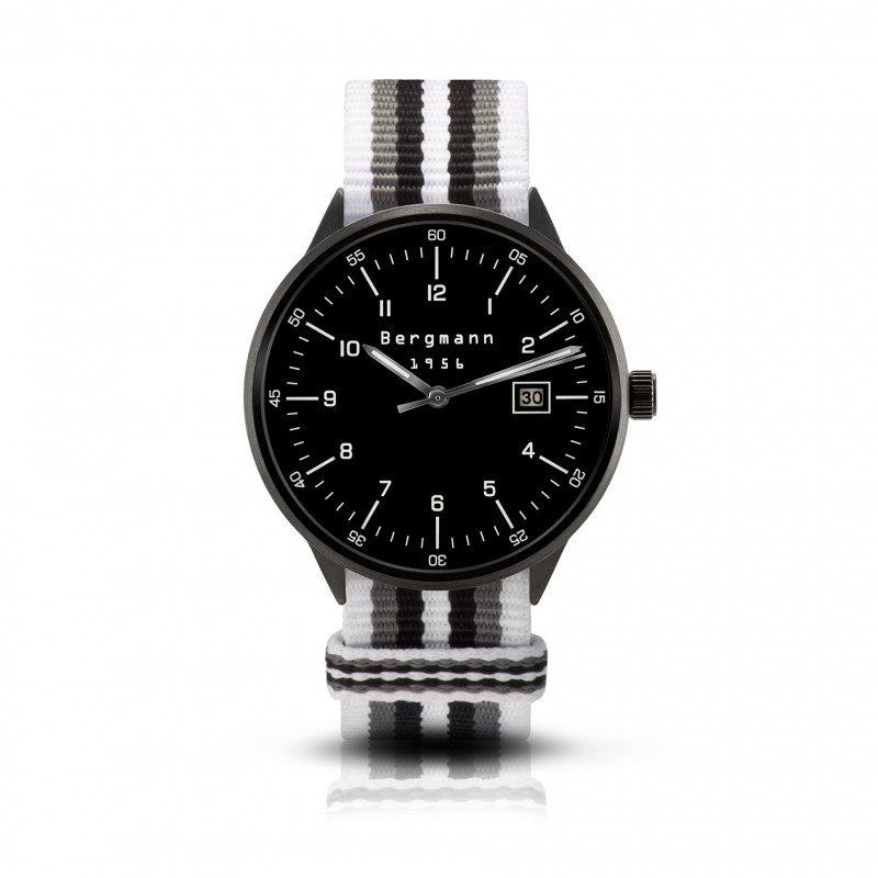 Bergmann Uhr 1956 Schwarz weiß-grau-schwarz-weiß NATO-Textilarmband