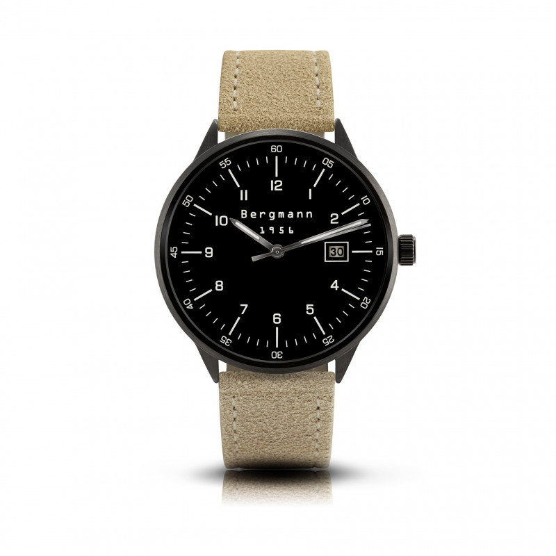 Bergmann-watch 1956 black, sand suede leather strap