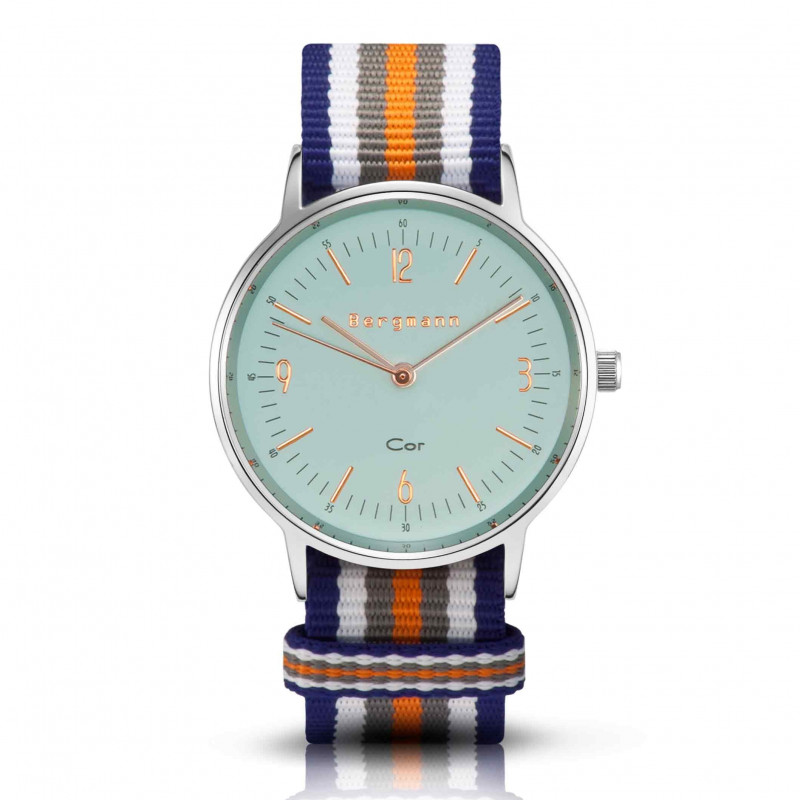 Bergmann Damen Herren Armbanduhr Cor silber Colorido Analog Quarz blaues Zifferblatt blau-weiß-grau-orange-NATO-Armband