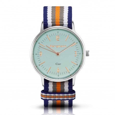 Bergmann Damen Herren Armbanduhr Cor silber Colorido Analog Quarz blaues Zifferblatt blau-weiß-grau-orange-NATO-Armband