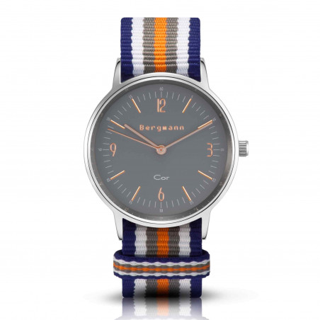 Bergmann Damen Herren Armbanduhr Cor silber Colorido Analog Quarz graues Zifferblatt blau-weiß-grau-orange-NATO-Armband