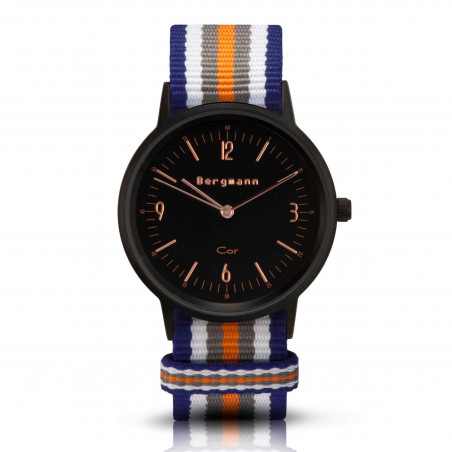 Bergmann Damen Herren Armbanduhr Cor schwarz Colorido Analog Quarz schwarzes Zifferblatt blau-weiß-grau-orange-NATO-Armband