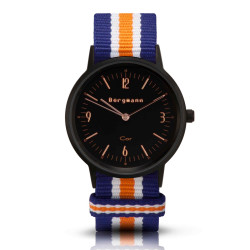 Bergmann Damen Herren Armbanduhr Cor schwarz Azul Analog Quarz schwarzes Zifferblatt blau-weiß-orange-NATO-Armband