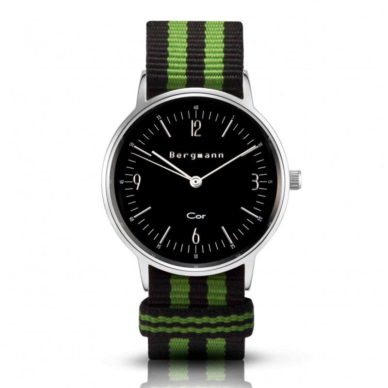 Bergmann Damen Herren Armbanduhr Cor silber Preto verde Analog Quarz schwarzes Zifferblatt schwarz-grün-NATO-Armband