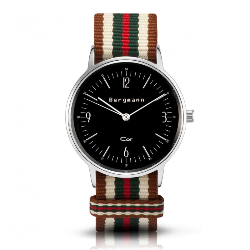 Bergmann Damen Herren Armbanduhr Cor silber Bege Analog Quarz schwarzes Zifferblatt braun-weiß-grün-rot-NATO-Armband