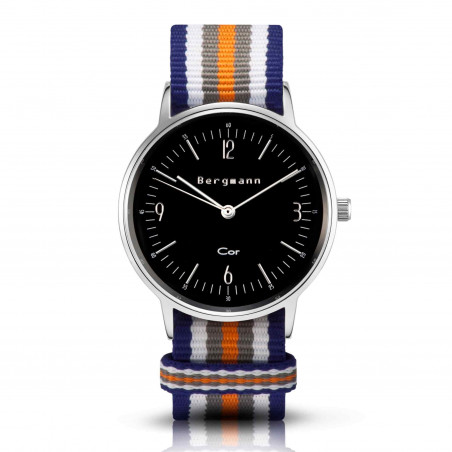 Bergmann Damen Herren Armbanduhr Cor silber Colorido Analog Quarz schwarzes Zifferblatt blau-weiß-grau-orange-NATO-Armband